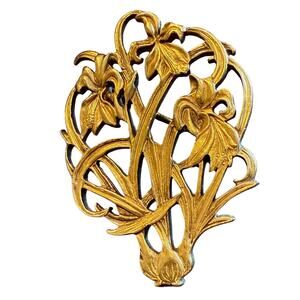 Vintage MFA Museum Of Fine Arts Iris Flower Brass Tone Brooch